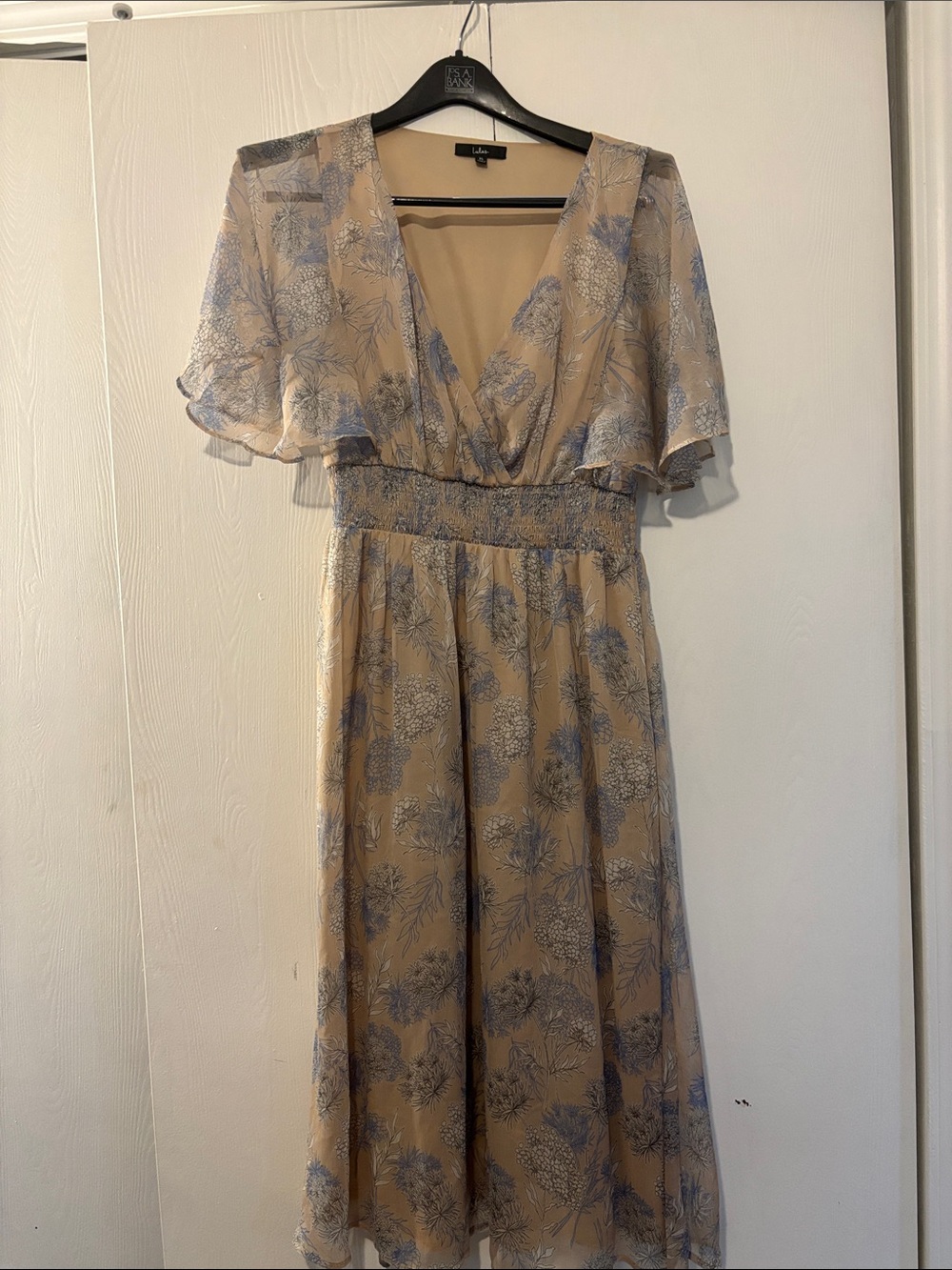 Lulu's Beige Midi Dress with Blue Floral Overlay